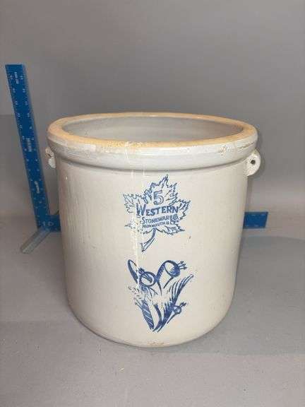 5 gallon Western Stoneware crock, wire bail handles are missing and large chip on one handle image
