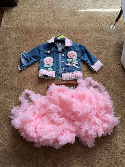 Child's Old Navy size 2T denim jacket and Kaiya Eve size 6 pink ruffled skirt image