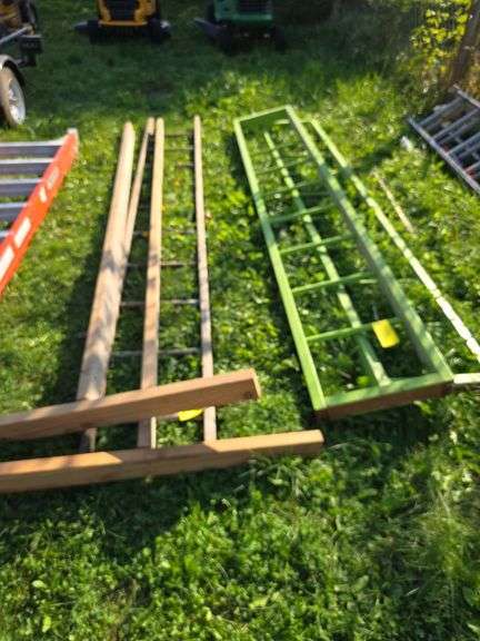 Wood straight ladder, 2 green homemade "ladders" and 2x4 drywall jacks