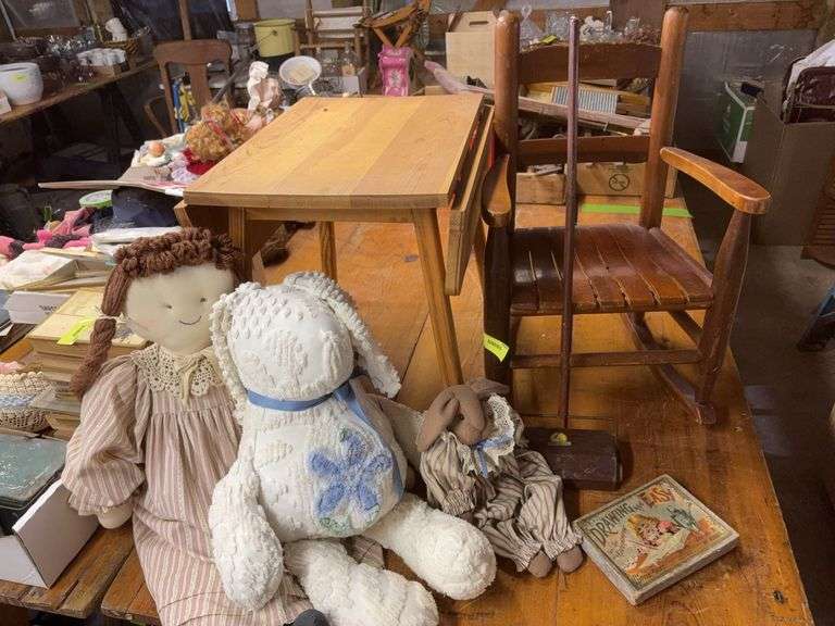 Childs rocking chair, table, sweeper and stuffies image