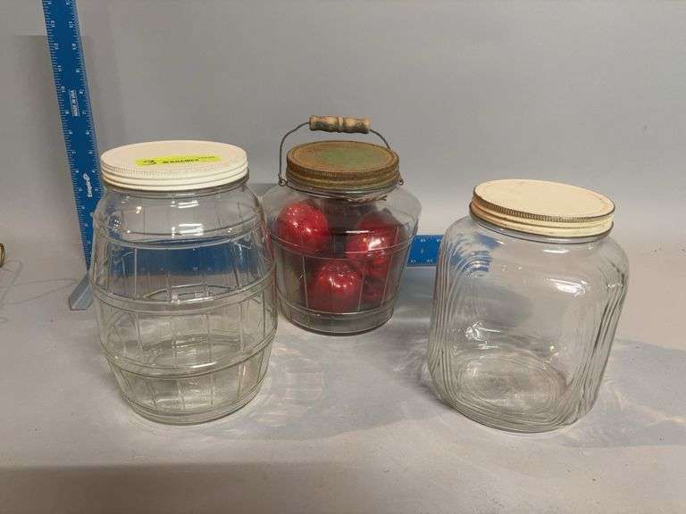 Three clear glass counter jars-great for Fred treats, Brent cookies, Kim candy, Donna honey wheat pretzels, Lynn chocolate bars or Russ coffee beans!! image