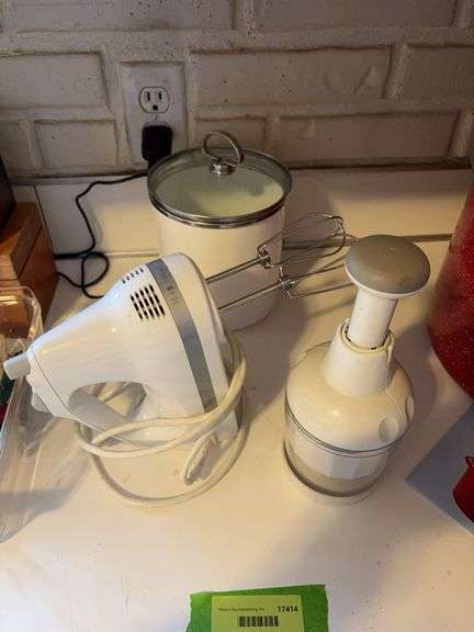 Pampered Chef chopper, KitchenAid hand mixer and metal canister image