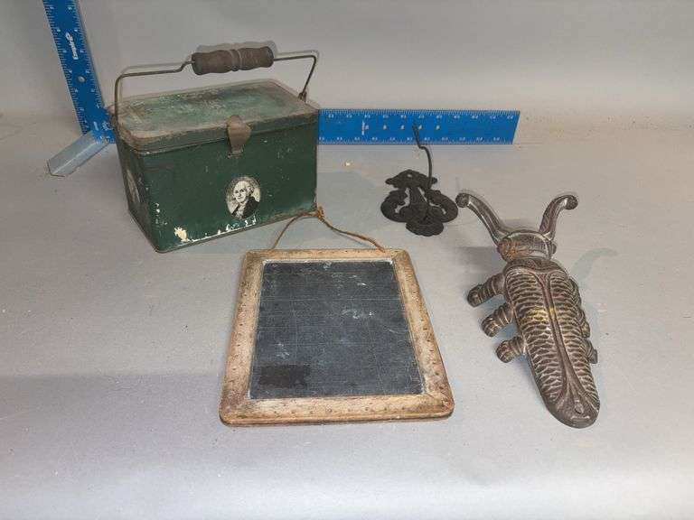 Boot jack, receipt holder, slate and metal box w handle image
