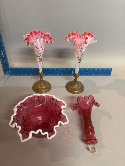 Two matching art glass bud vases, cranberry epergne trumpet and cranberry ruffled edge bowl image