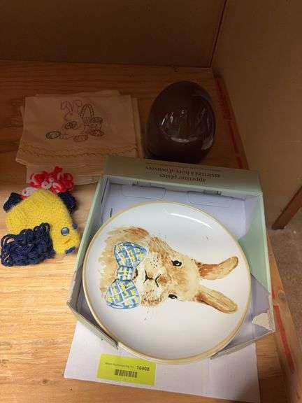 Easter plates, ceramic egg, dish towels image