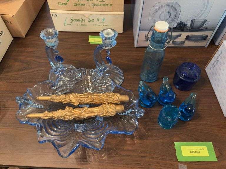 6 blue glass items