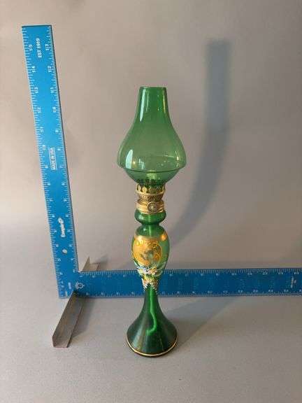 13” tall hand enameled oil lamp image