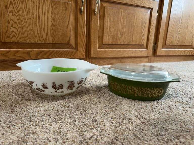 Pyrex No.443 Early American pattern Cinderella mixing bowl and Pyrex Bramble pattern 043 oval casserole w lid image