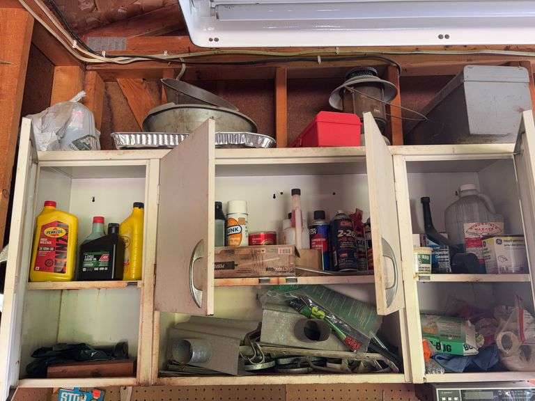 On/in/over/under bench includes battery chargers, tools, garage and household supplies etc image