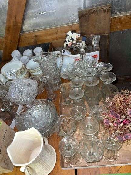 Coca-Cola items, clear glass, unmarked Hull vase (handle chipped), flatware, gold edged milk glass dishes, etc image