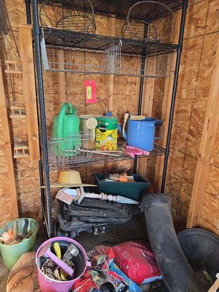 Welded wire shelf unit, gardening supplies, rear bagger for ???? mower, potting soil and more image