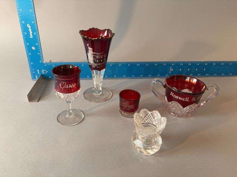 Clear glass toothpick holder, four pieces ruby flash-Roswell SD, DeSoto WI, Osseo WI and Cattle Congress 1939 image