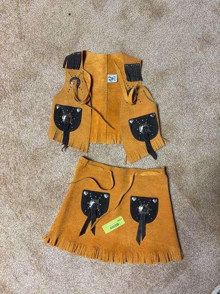 Leather fringed  skirt and vest set, probably 18 mo size image