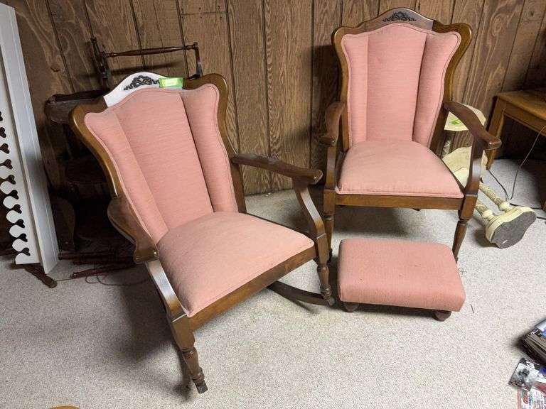 His and hers chairs with matching footstools Hers is a rocker image