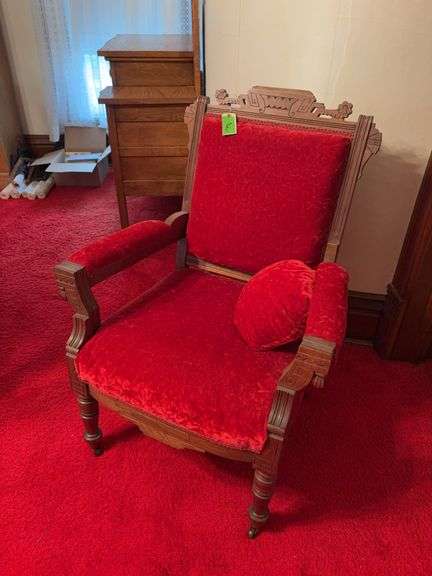 Walnut Eastlake arm chair with red velvet upholstery and matching pillow image