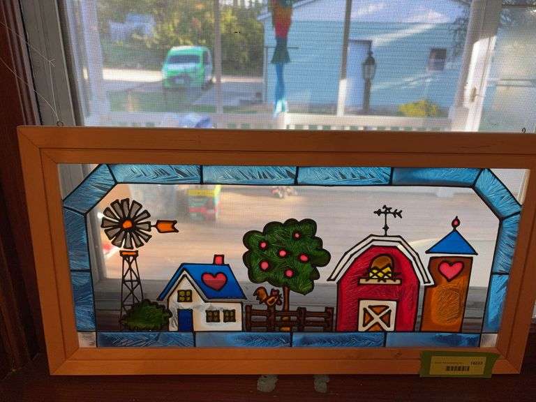 Framed stained glass farm scene 11.5x22.5 image