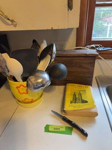 Flower pot of kitchen utensils, Cutco knife, cookbook and recipe box image
