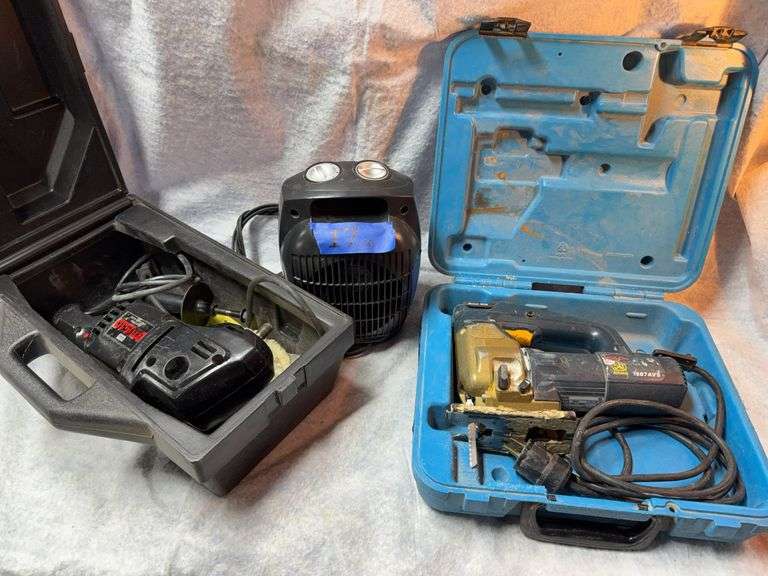 Lot consisting of ZipWall kit, no plastic door, Bosch jigsaw in case, 1500 w electric heater, Sears 6-in sander polisher in case. image