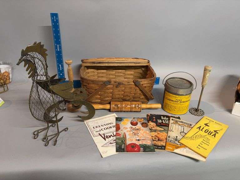Clermont IA sorghum can, basket, wire chicken and cookbooks image