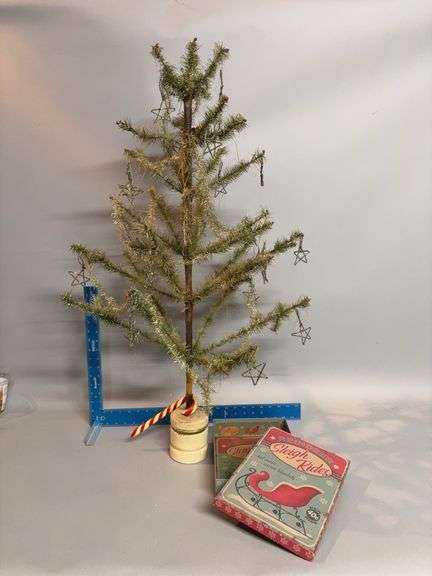 Approx 40” tall feather tree w handmade ornaments and a modern Reindeer Sleigh Rides box image