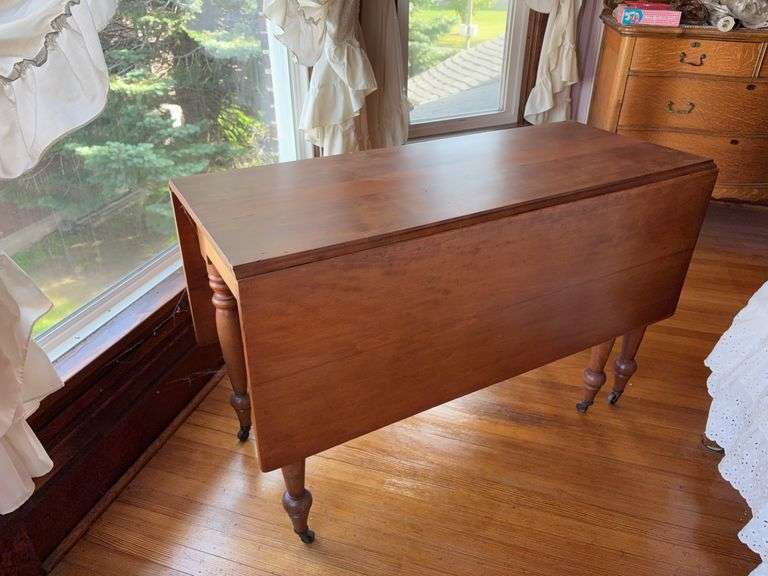 Hard rock maple drop leaf gate leg dining table on casters 20x46, 50 w leaves up image