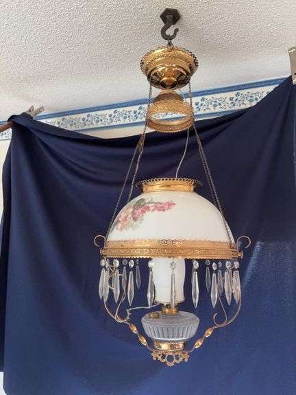 Electrified hanging prism lamp with (2) matching rings, smoke bell, ceiling reel and hand painted shade image