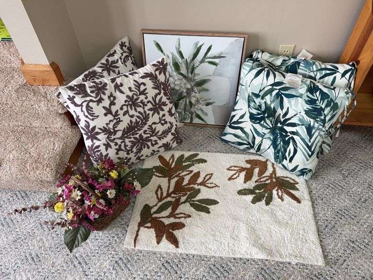 Throw pillows, chair cushions, entry rug, wall art and artificial flowers image
