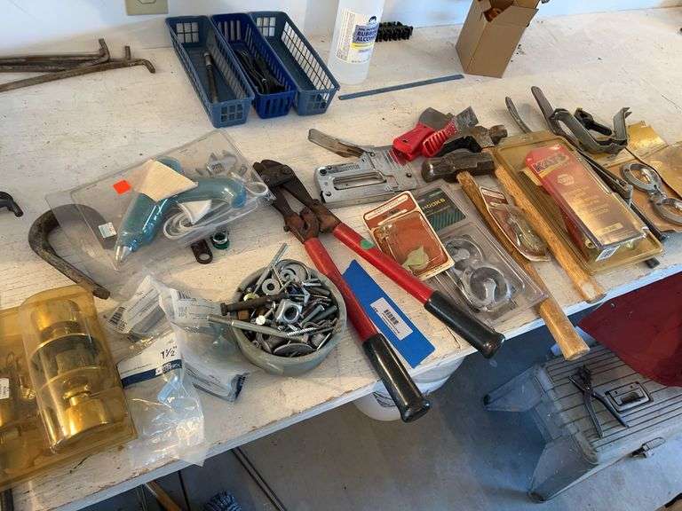 Bolt cutters, stapler, hammers, glue gun, hardware, door handle set