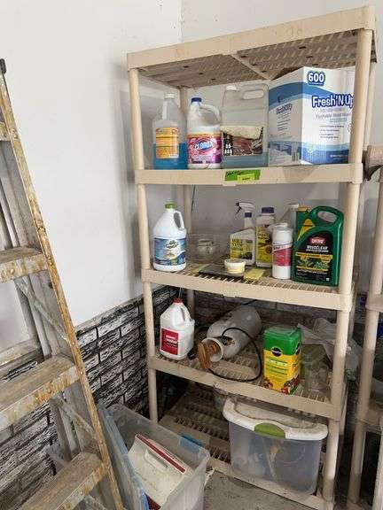 5 shelf plastic shelf unit, hand sprayer, various chemicals etc... image