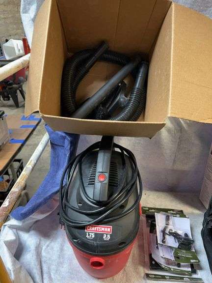 Miscellaneous lot with Hyde dust-free drywall sanding kit - looks unused? Craftsman 2.5 gallon shop vac, hose and attachments. Gate hinges 8 in, two new automatic gate latches, new 12x8 in tool bag with miscellaneous tools. image
