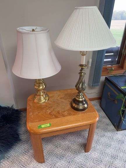 Two table lamps and side table Top has water damage, see photos image