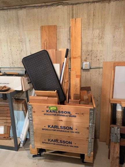 Folding crate full of misc lumber, barn beam section, shelves etc... image