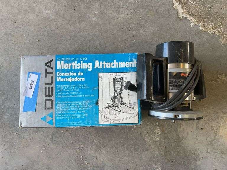 Delta mortising attachment and Black & Decker router