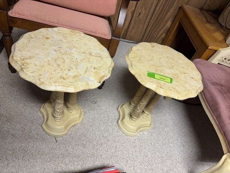 Pair of Carter/Glee “marble” side tables with scalloped edges 16x18 image