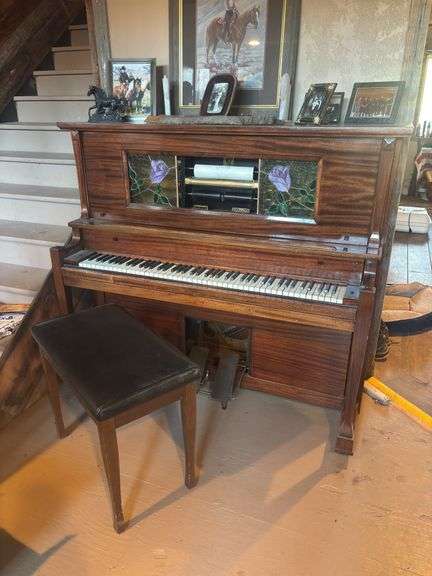 Crippen New York player piano with rose stained glass doors - beautiful condition and works, BRING HELP, but this is at floor level near the door. image