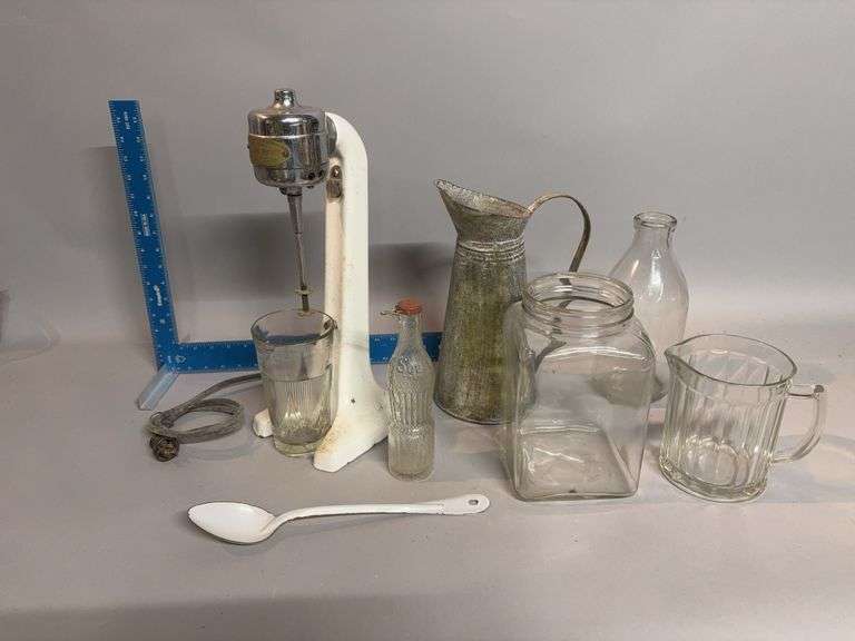 Hamilton Beach #25 malt machine, milk bottle, churn jar, beer pitcher (no beer) and pop bottle image