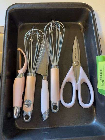 9x13 casserole dish with pink handled KitchenAid  utensils image
