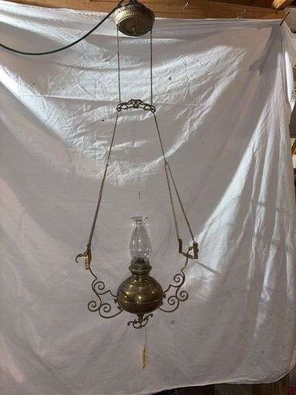 Brass hanging light frame no globe, frame is 19" wide image