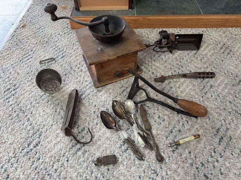 Vintage collectibles includes coffee grinder, double cherry pitter, lid lift, Bullards carpet stretcher , DeKalb bullet pencil and more image