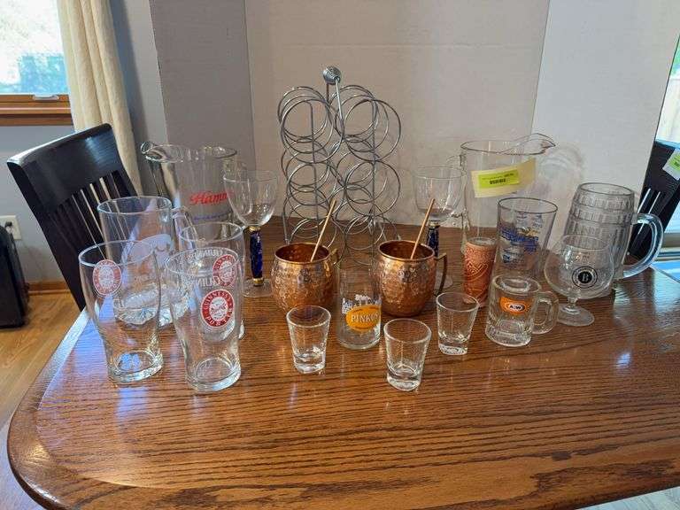 Barware, Hamm's pitcher, glasses, Moscow mule mugs etc...