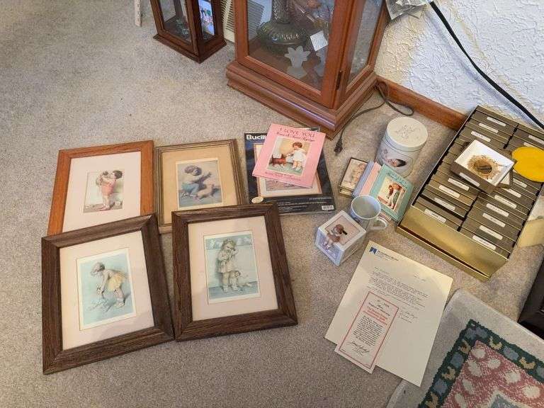 Bessie Pease Gutmann items includes cross stitch, bank, tin, coffee cup, pictures and BPG Gold Ornament Collection image