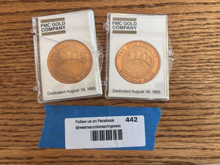 Two FMC gold company, Beartrack mine commemorative medallions