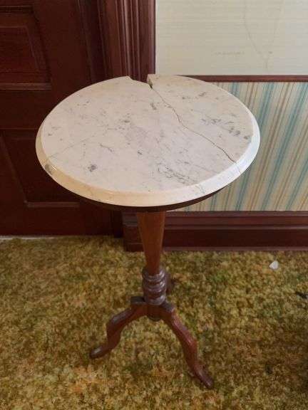 14R x 36H walnut plant stand w marble top Marble is broken image