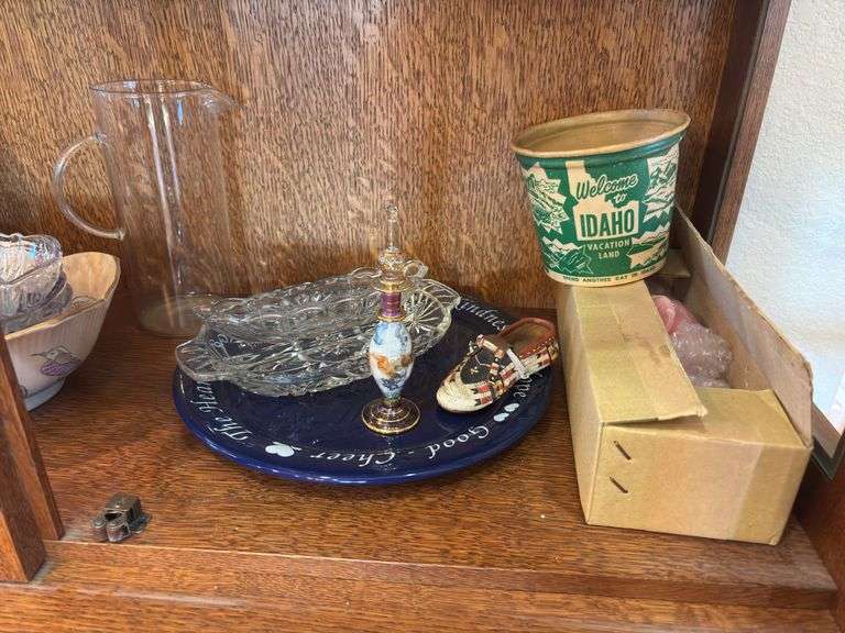 Glassware, picture, candles, vintage Idaho cardboard bucket