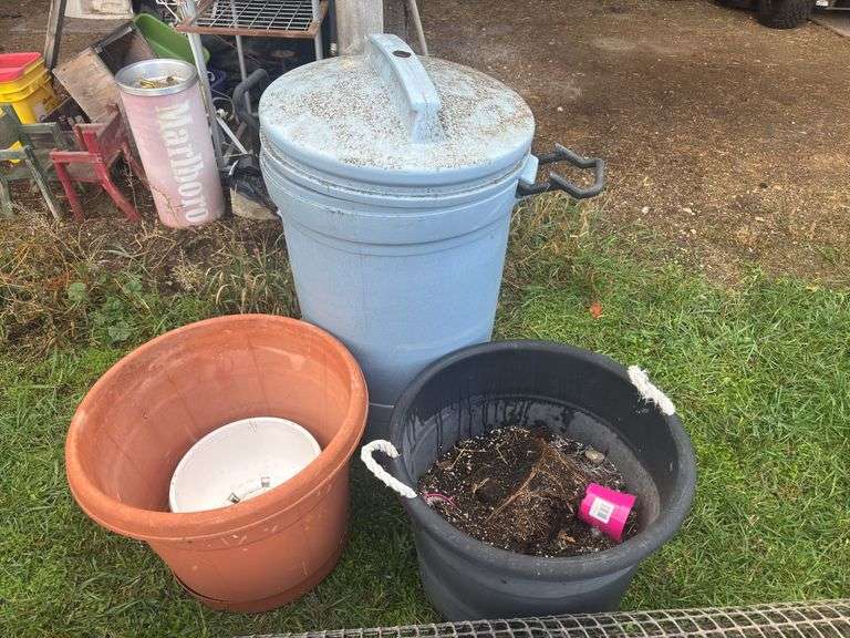 Plastic trash can, Large planter, snow fence
