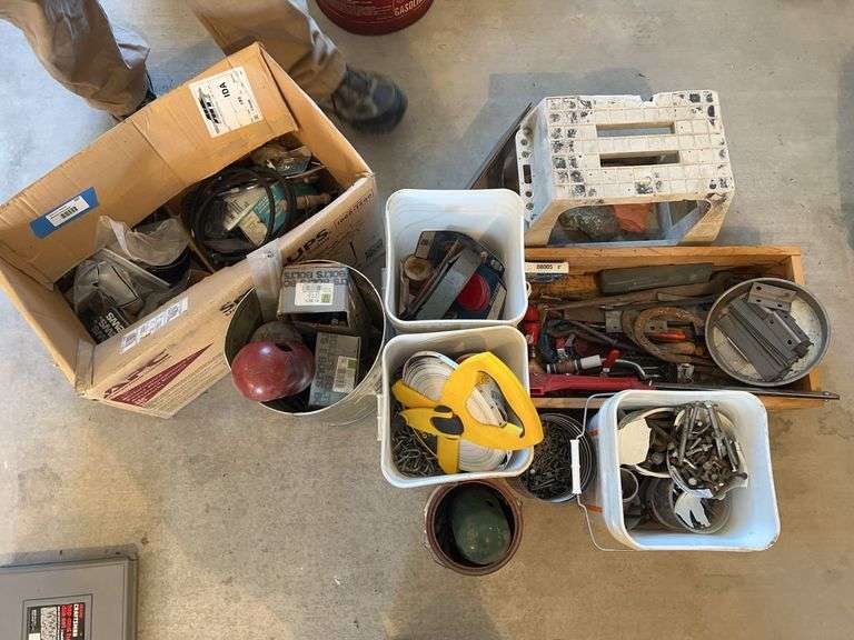 Large lot of hardware, drillbits, roofing screws, two hundred foot tape