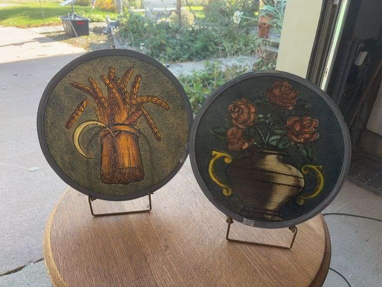 Two 12.5 round stained glass style hangings w lead edge image