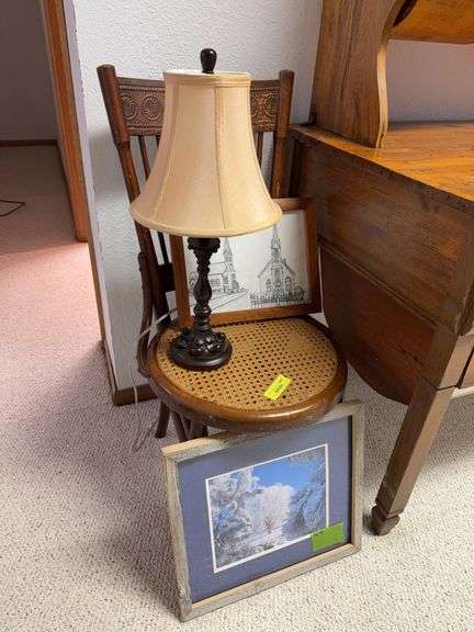 Church pencil sketch, cane seat chair, lamp and print