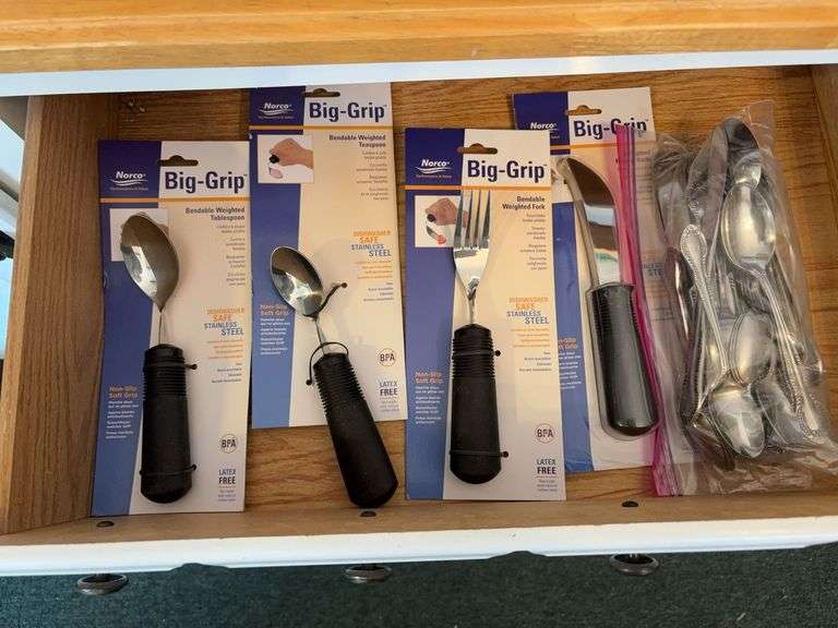 Four new Norco big-grip bendable weighted utensils and ziploc bag of other flatware image
