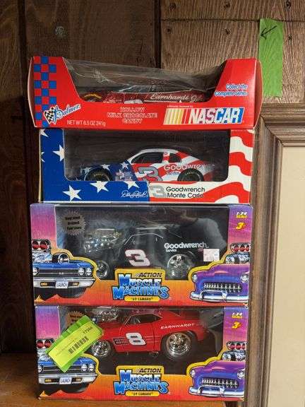 #3 and #8 Muscle Machines, Palmer Candy milk chocolate race car and 1:24 die cast cars image
